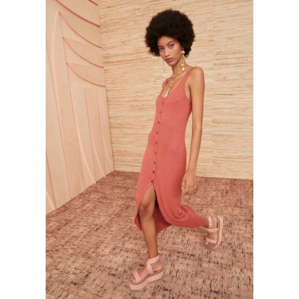 Ulla Johnson Rose Cotton Ribbed Nedda Dress Small Button Front Sleeveless STAIN - Picture 4 of 9